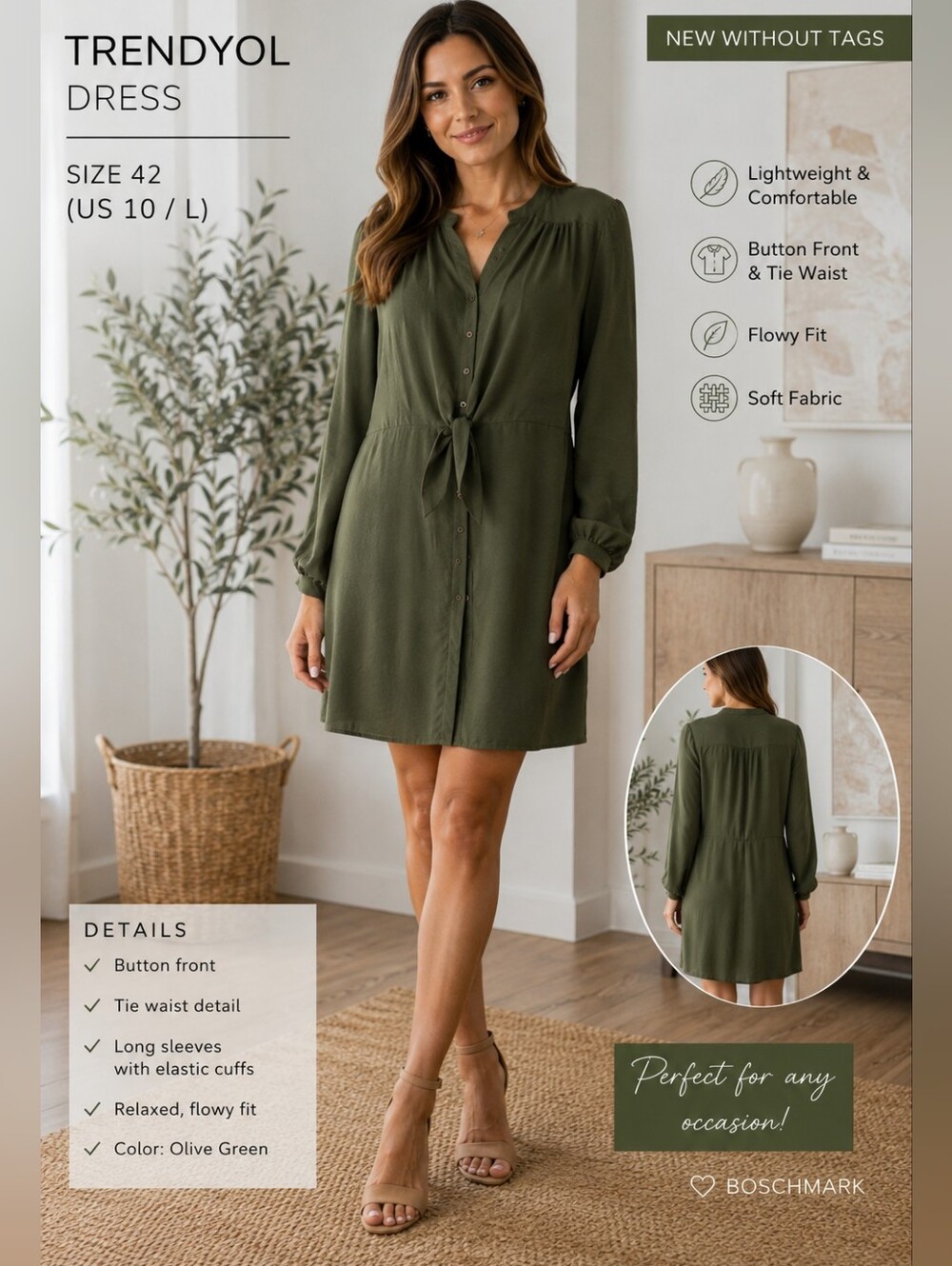 Trendyol Olive Green Button-Front Tie-Waist Mini Dress